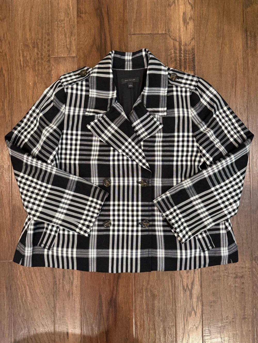 Ann Taylor Workwear Black and White Plaid Double-Breasted Blazer Women’s Large - Picture 4 of 11